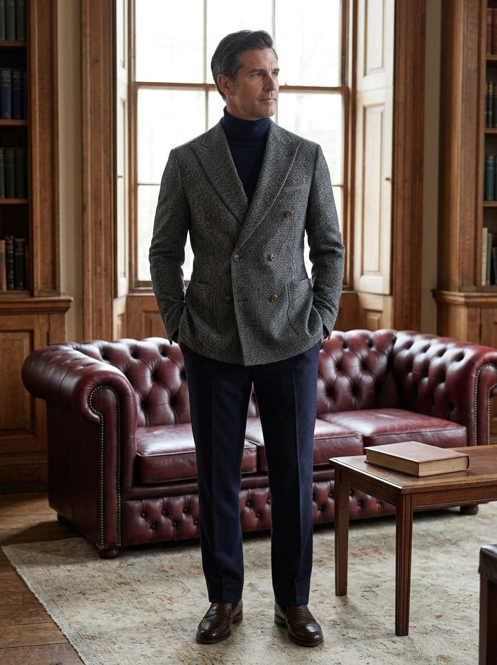 Maddox blazer in Charcoal, lifestyle in a club reading room, Gentlemens Manor