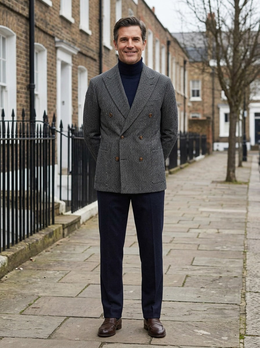 Maddox blazer in Charcoal, lifestyle on a street of brick row houses, Gentlemens Manor