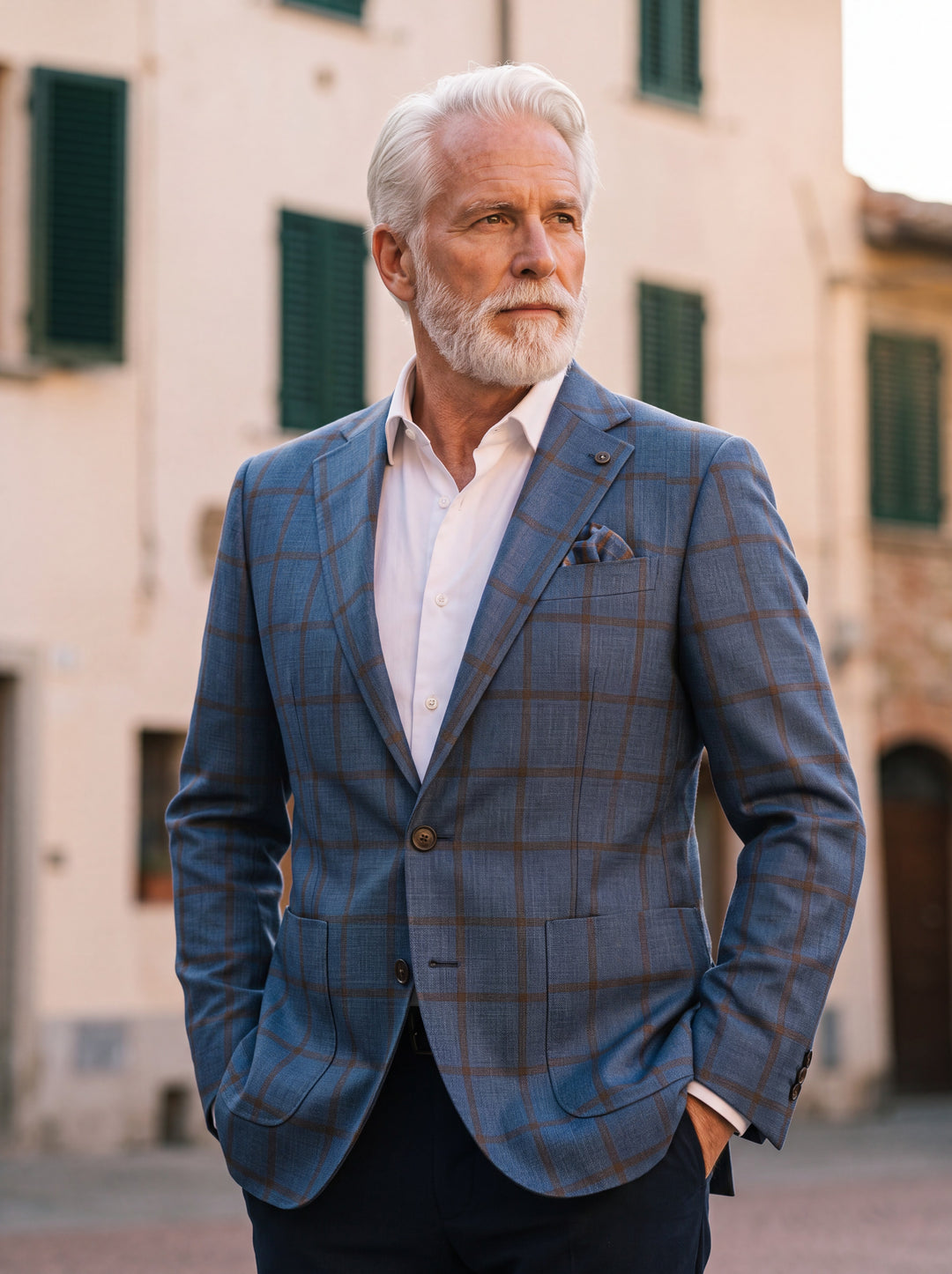 Magnus blazer in Blue, worn by a model in a Mediterranean setting - Gentlemens Manor lifestyle