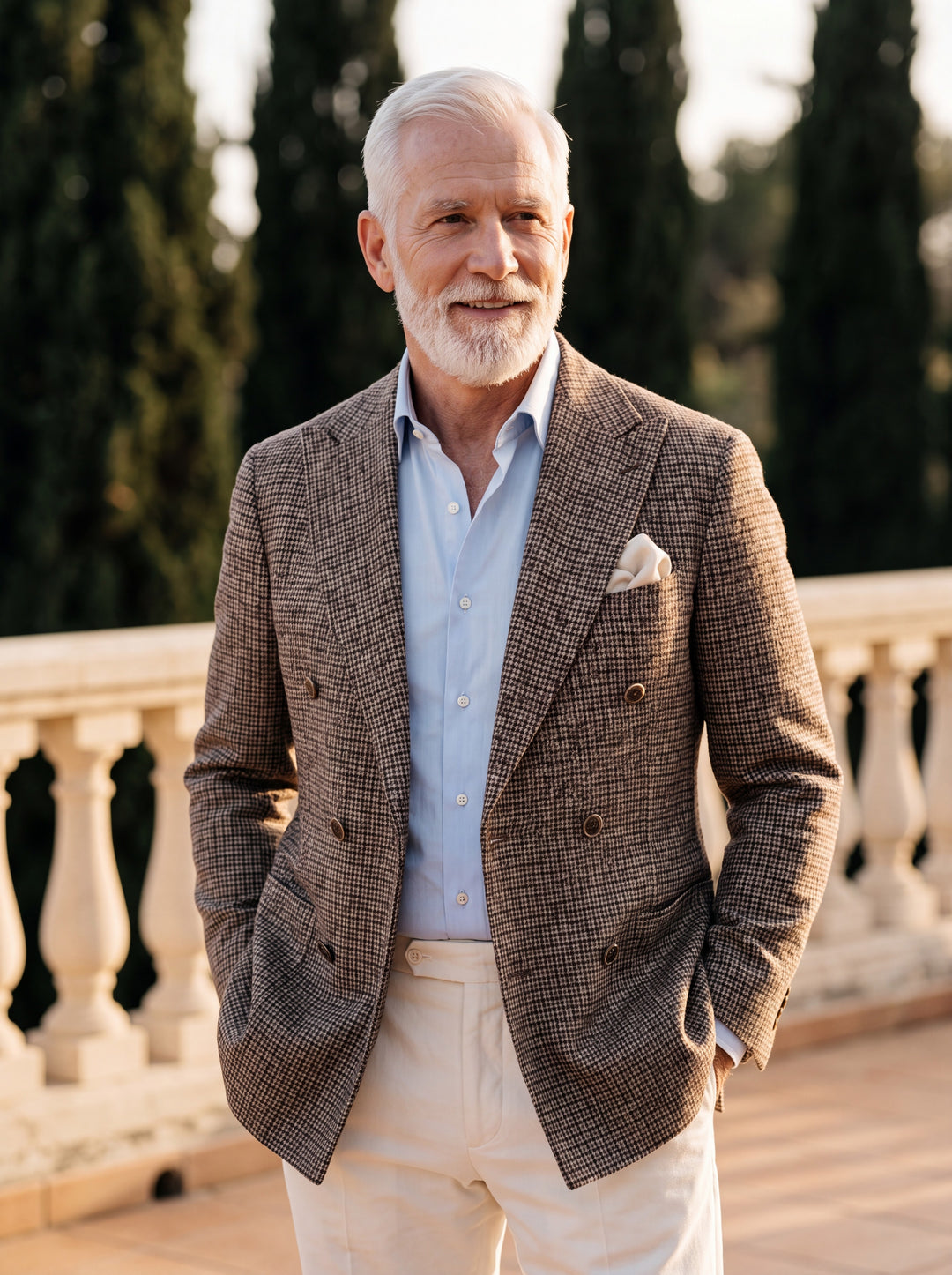 Magnus blazer in Brown, worn by a model in a Mediterranean setting - Gentlemens Manor lifestyle