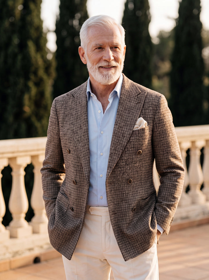 Magnus blazer in Brown, worn by a model in a Mediterranean setting - Gentlemens Manor lifestyle