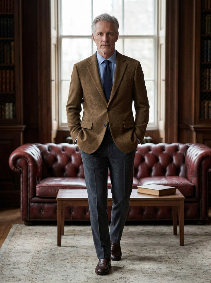 Maitland herringbone tweed blazer in Brown, lifestyle in a club reading room, Gentlemens Manor
