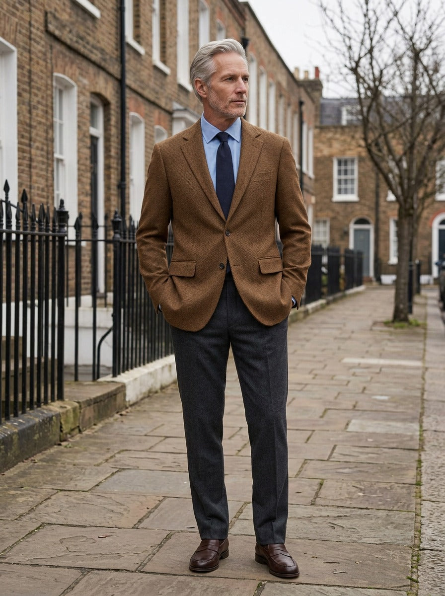 Maitland herringbone tweed blazer in Brown, lifestyle on a street of brick row houses, Gentlemens Manor