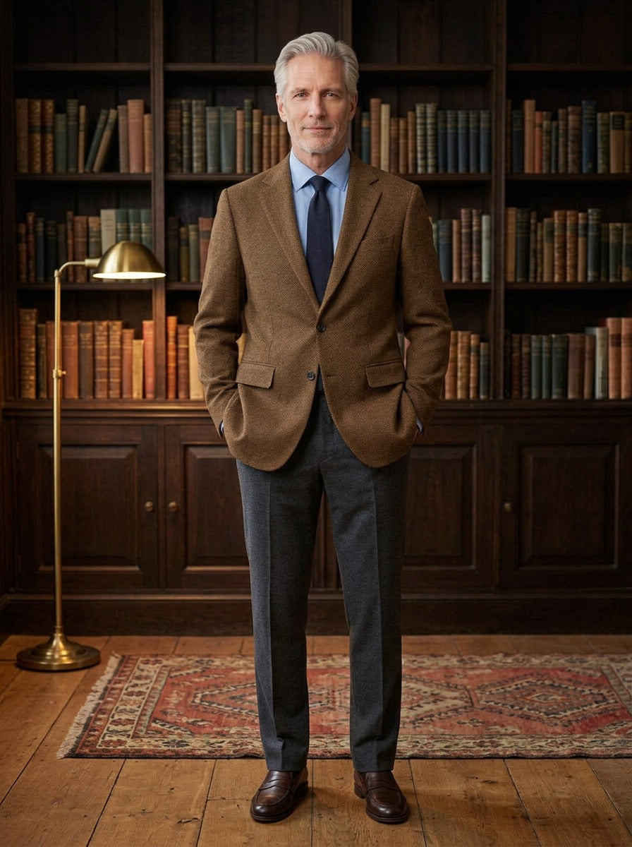 Maitland herringbone tweed blazer in Brown, lifestyle in a private study, Gentlemens Manor