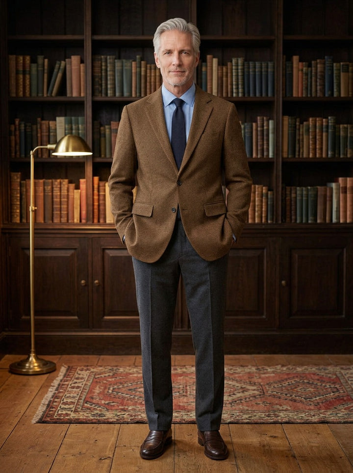 Maitland herringbone tweed blazer in Brown, lifestyle in a private study, Gentlemens Manor