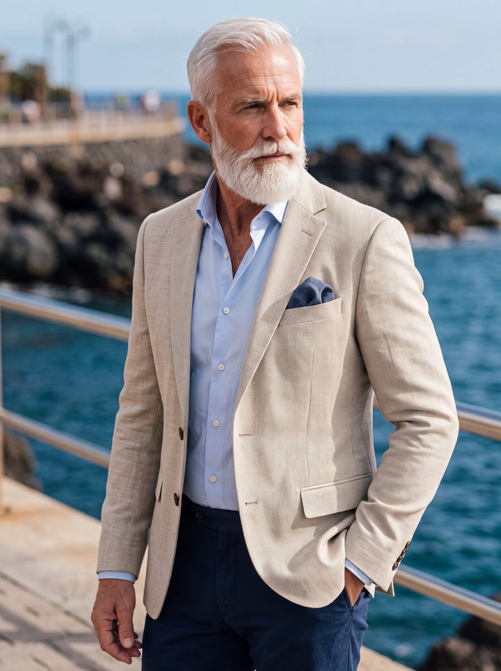 Major blazer in Beige, worn by a model in a Mediterranean setting - Gentlemens Manor lifestyle