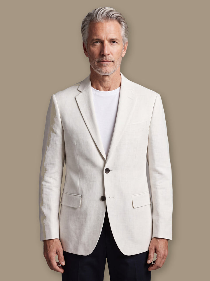 Major blazer suit in White, worn by a model on a warm taupe studio background - Gentlemens Manor
