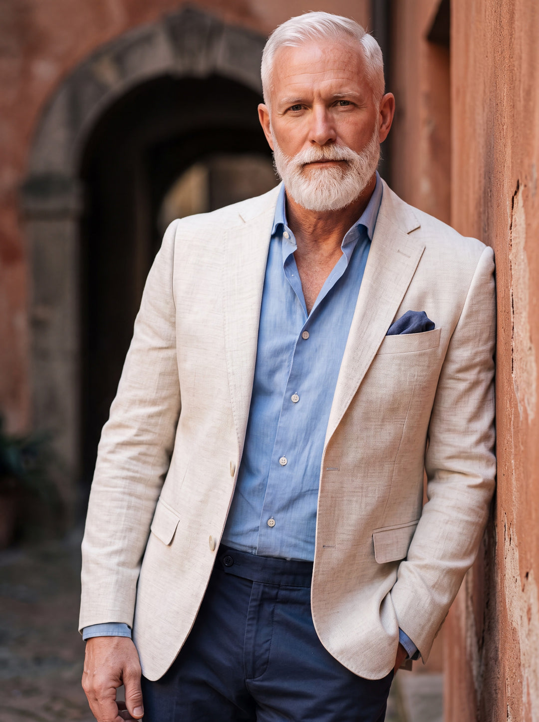 Major blazer in White, worn by a model in a Mediterranean setting - Gentlemens Manor lifestyle