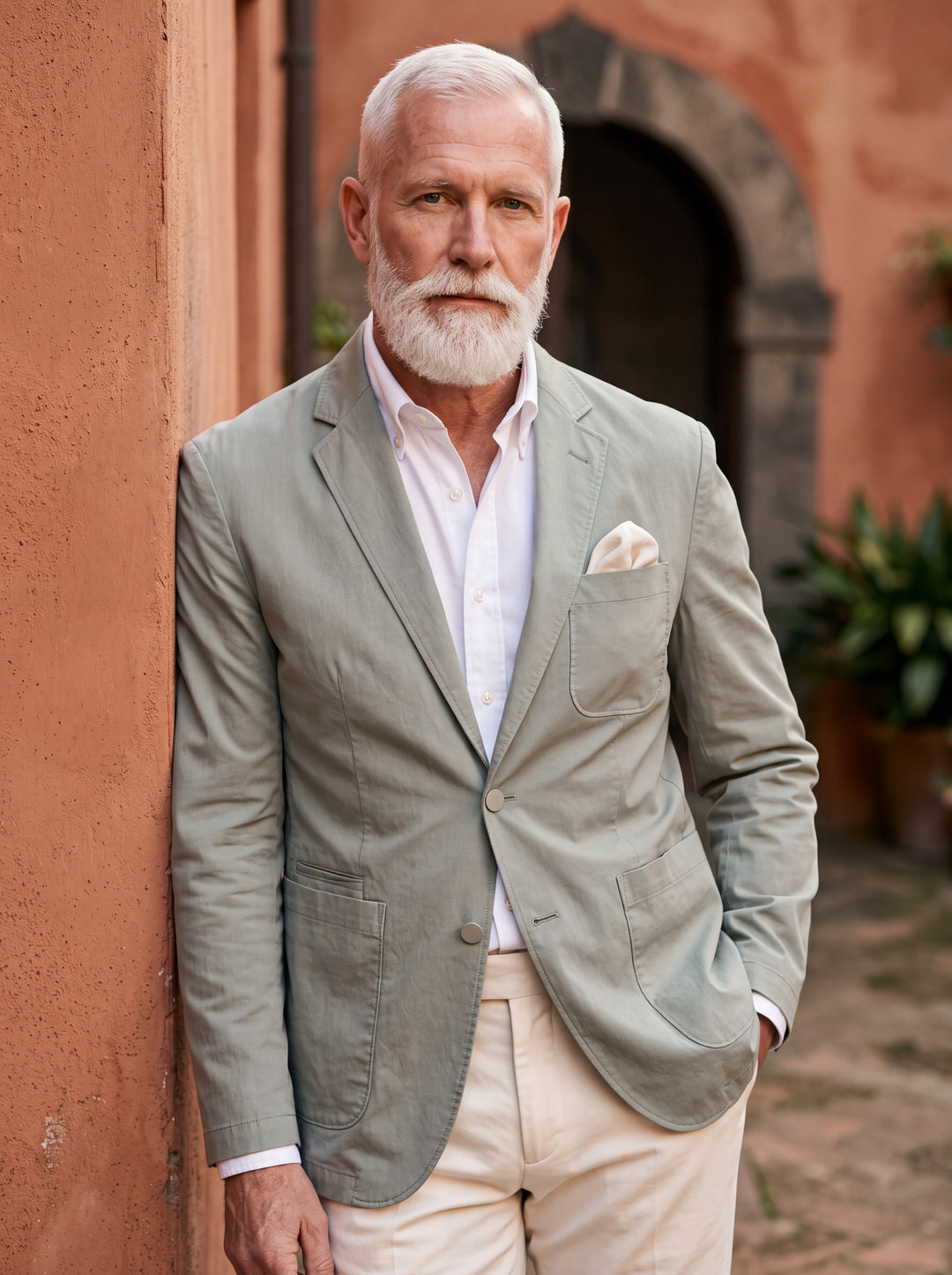 Malcolm blazer in Sage, worn by a model in a Mediterranean setting - Gentlemens Manor lifestyle