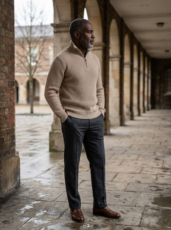 Mansfield quarter zip sweater in Beige, lifestyle, Gentlemens Manor