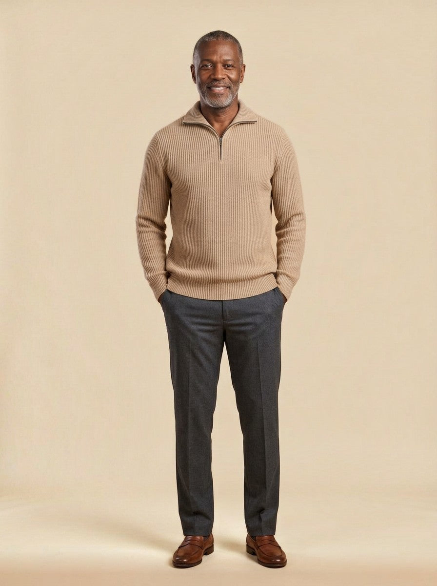 Mansfield quarter zip sweater in Beige, studio, Gentlemens Manor