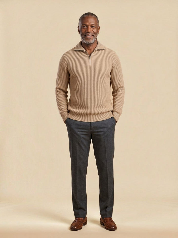 Mansfield quarter zip sweater in Beige, studio, Gentlemens Manor