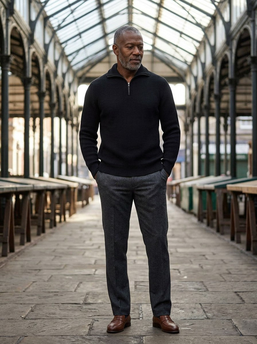 Mansfield quarter zip sweater in Black, lifestyle, Gentlemens Manor