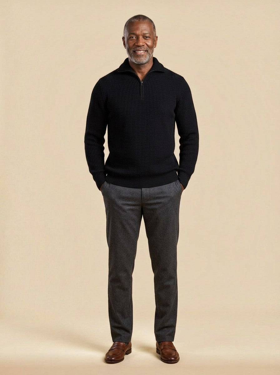 Mansfield quarter zip sweater in Black, studio, Gentlemens Manor