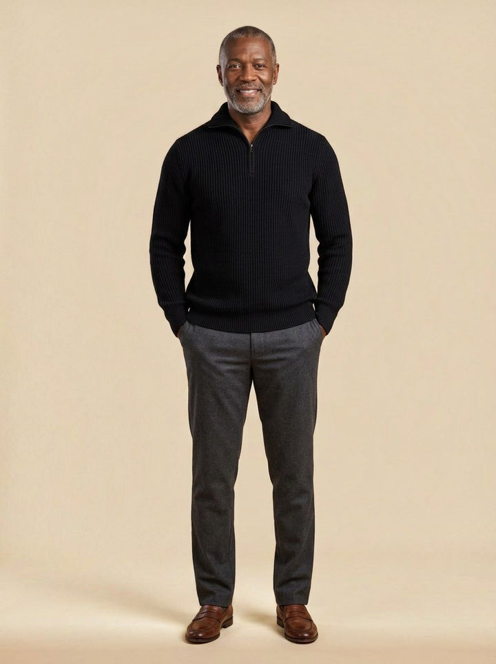 Mansfield quarter zip sweater in Black, studio, Gentlemens Manor