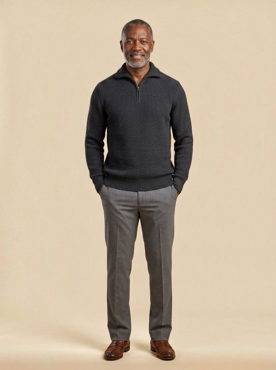 Mansfield quarter zip sweater in Charcoal, studio, Gentlemens Manor
