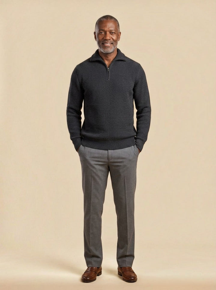 Mansfield quarter zip sweater in Charcoal, studio, Gentlemens Manor