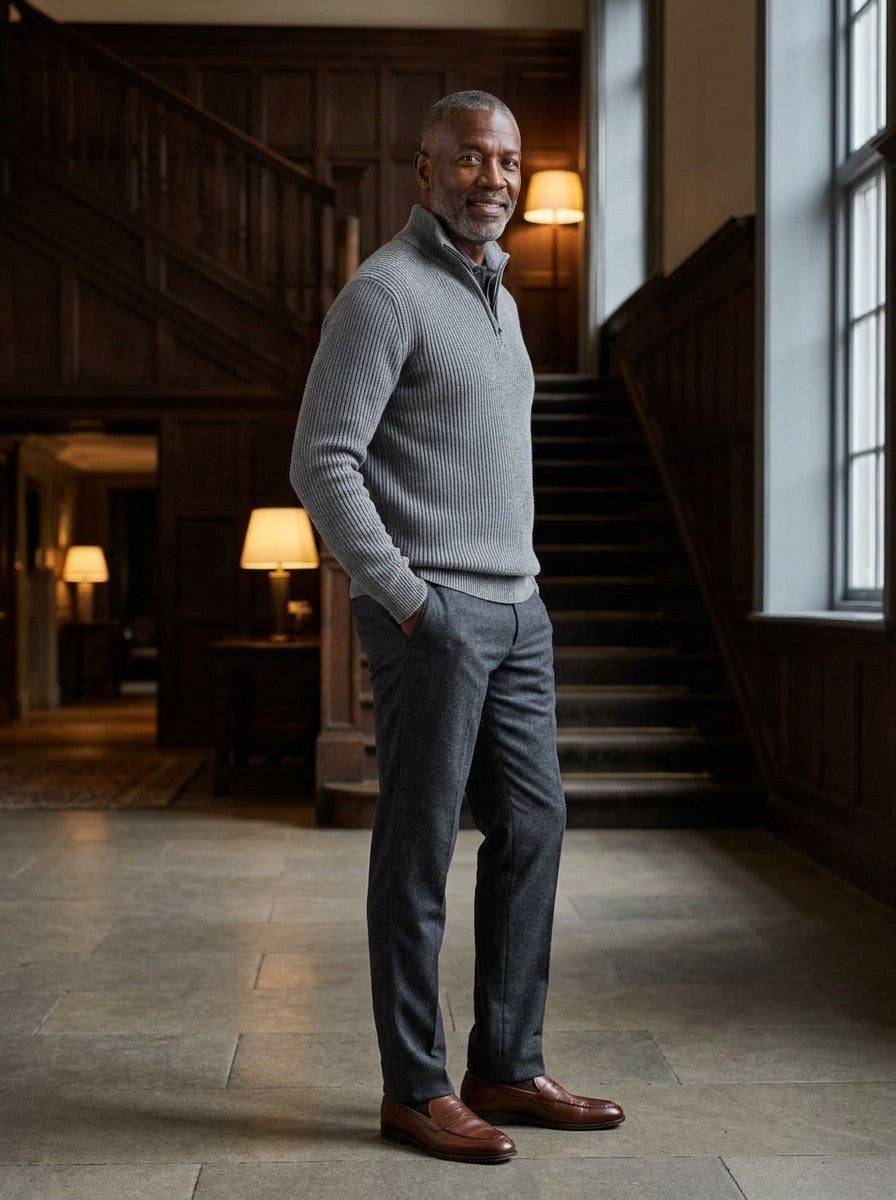 Mansfield quarter zip sweater in Grey, lifestyle, Gentlemens Manor