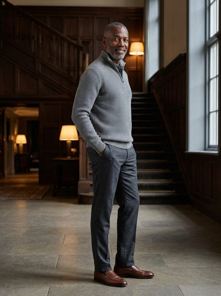 Mansfield quarter zip sweater in Grey, lifestyle, Gentlemens Manor