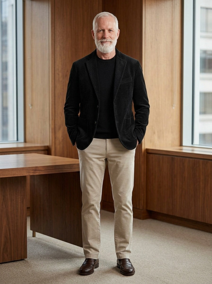 Marbury corduroy blazer in Black, lifestyle in a timber paneled office, Gentlemens Manor