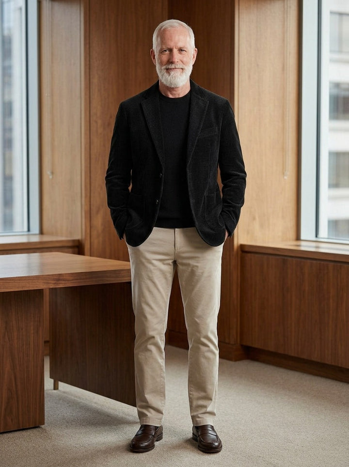 Marbury corduroy blazer in Black, lifestyle in a timber paneled office, Gentlemens Manor