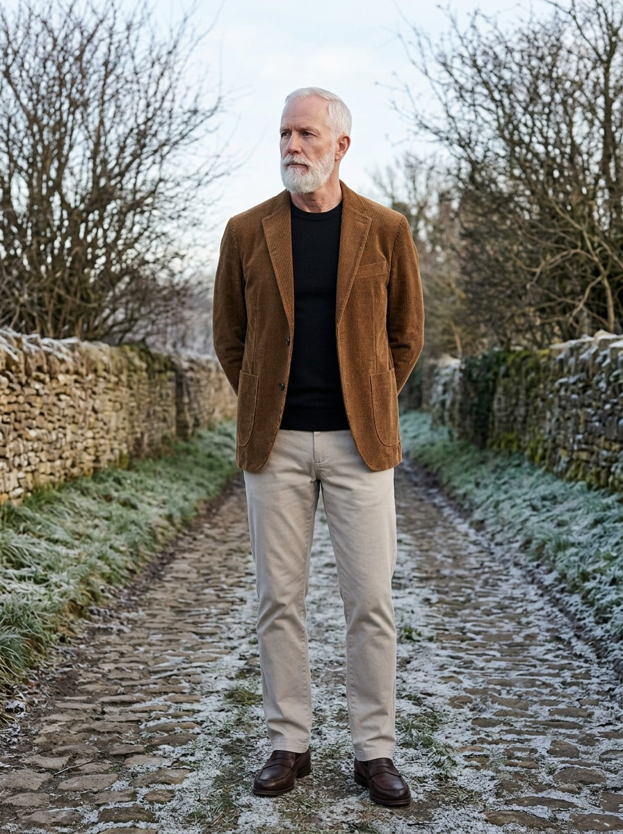 Marbury corduroy blazer in Brown, lifestyle on a country lane, Gentlemens Manor