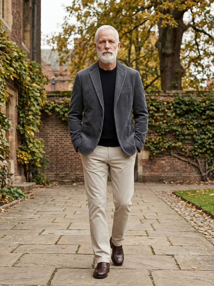 Marbury corduroy blazer in Charcoal, lifestyle in a brick college courtyard, Gentlemens Manor