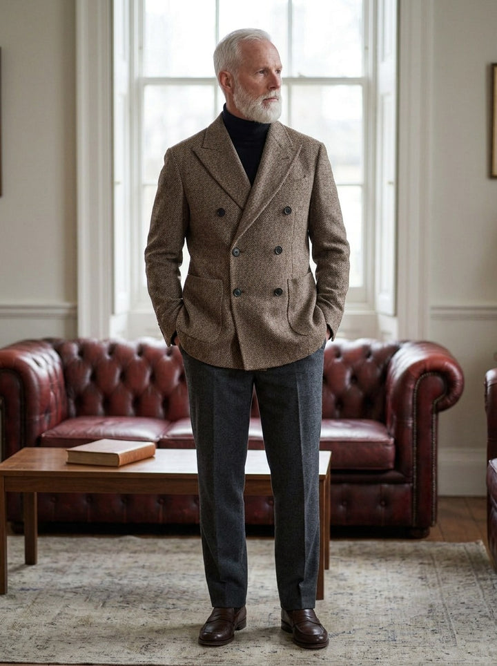 Marchmont tweed blazer in Brown, lifestyle in a club reading room, Gentlemens Manor