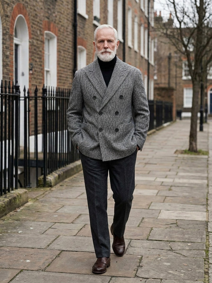Marchmont tweed blazer in Gray, lifestyle on a street of brick row houses, Gentlemens Manor