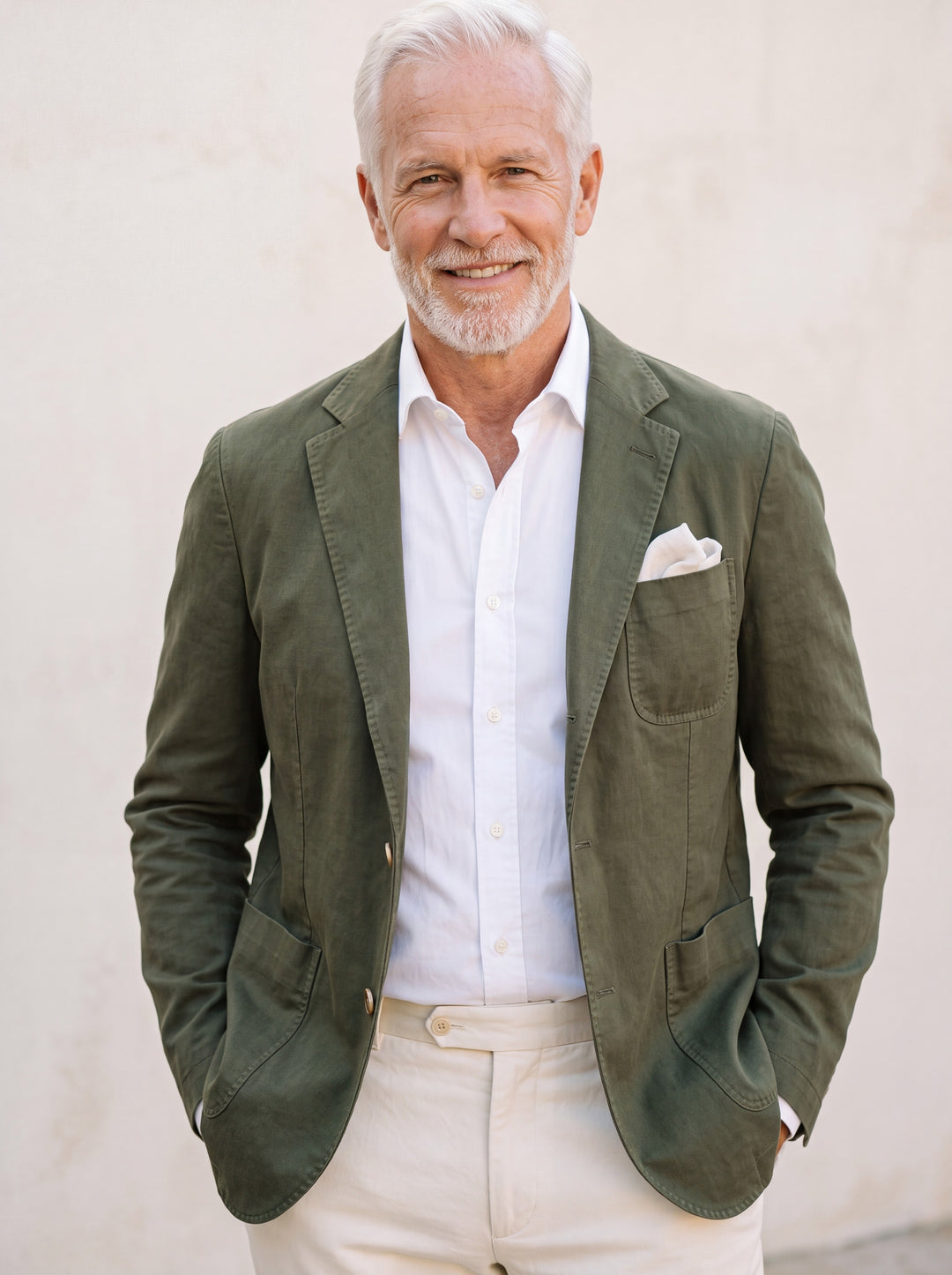 Marcus blazer in Olive, worn by a model in a Mediterranean setting - Gentlemens Manor lifestyle