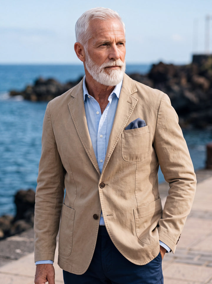 Marcus blazer in Sand, worn by a model in a Mediterranean setting - Gentlemens Manor lifestyle
