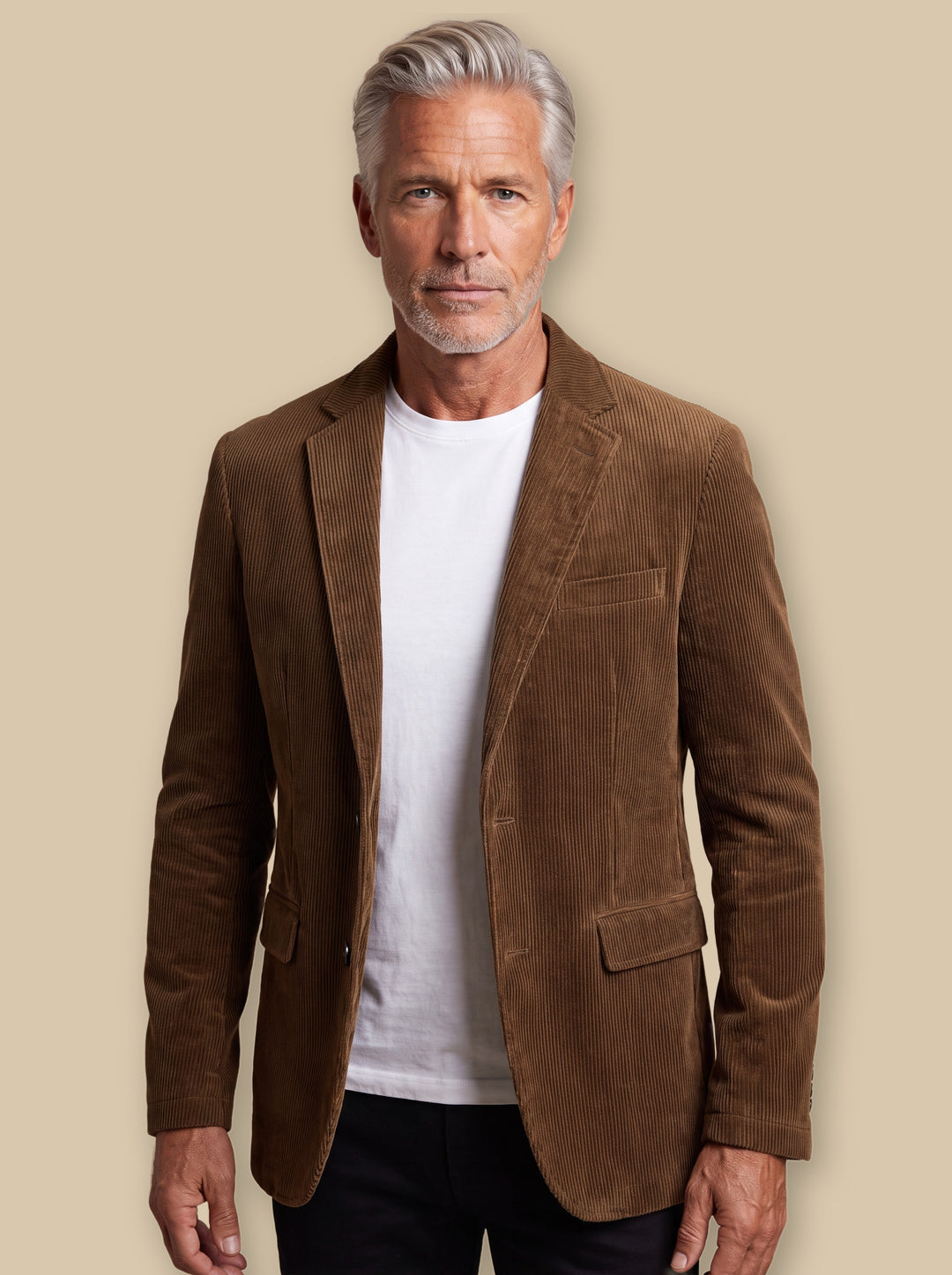 Marion blazer suit in Brown, worn by a model on a warm sand studio background - Gentlemens Manor