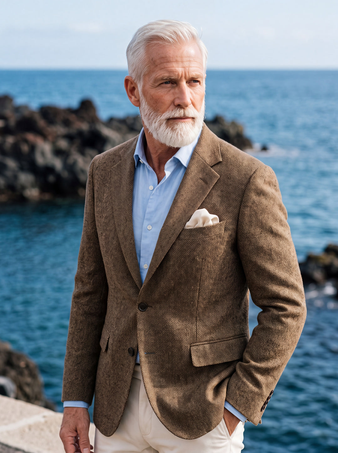 Marlon blazer in Brown, worn by a model in a Mediterranean setting - Gentlemens Manor lifestyle