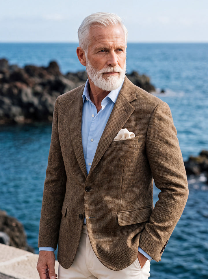 Marlon blazer in Brown, worn by a model in a Mediterranean setting - Gentlemens Manor lifestyle