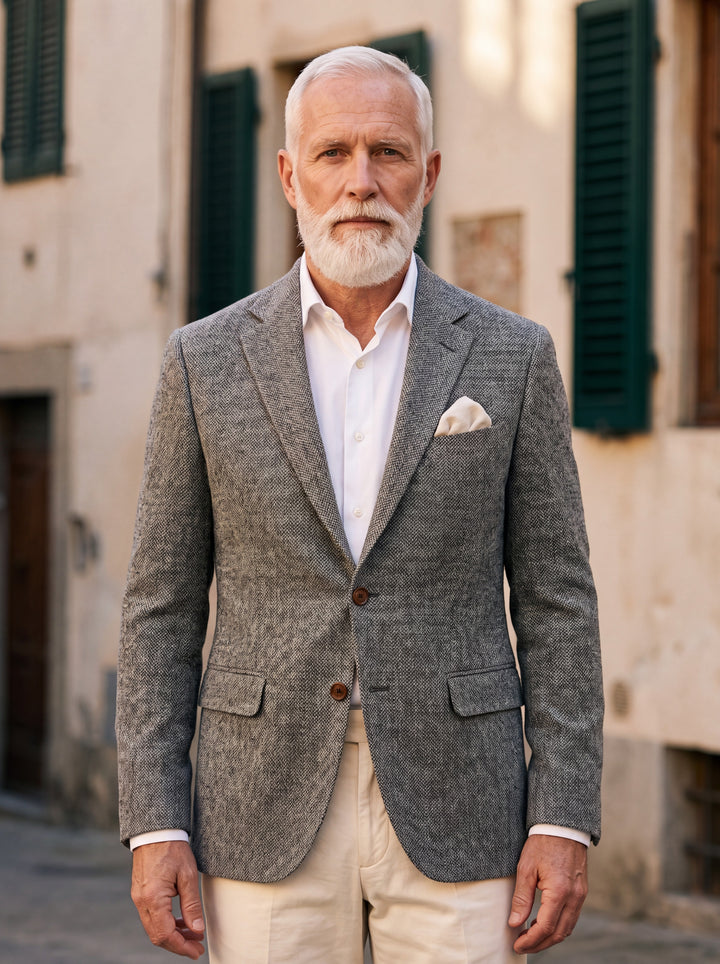 Marlon blazer in Grey, worn by a model in a Mediterranean setting - Gentlemens Manor lifestyle