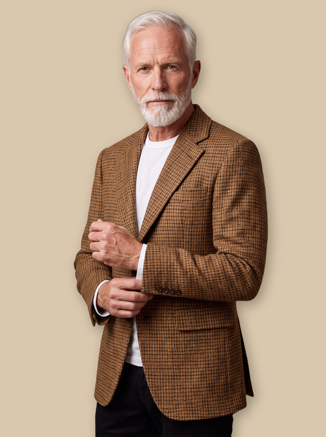 Marlowe blazer suit in Brown, worn by a model on a warm sand studio background - Gentlemens Manor