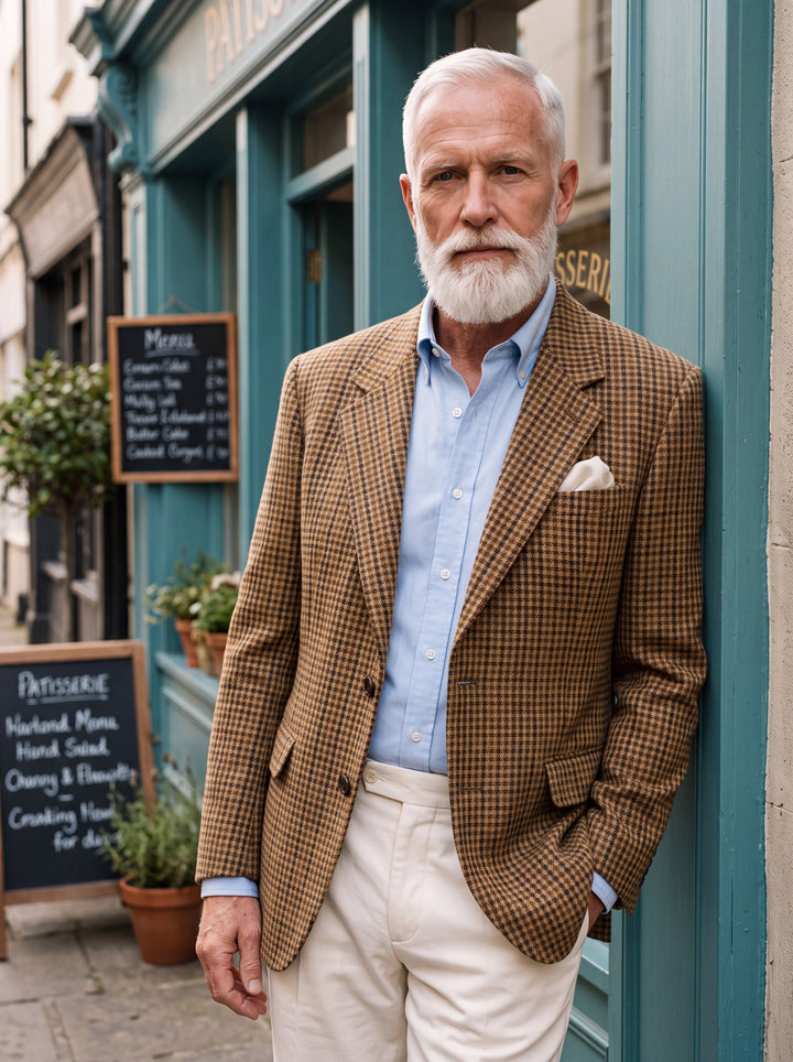 Marlowe blazer in Brown, worn by a model in a Mediterranean setting - Gentlemens Manor lifestyle