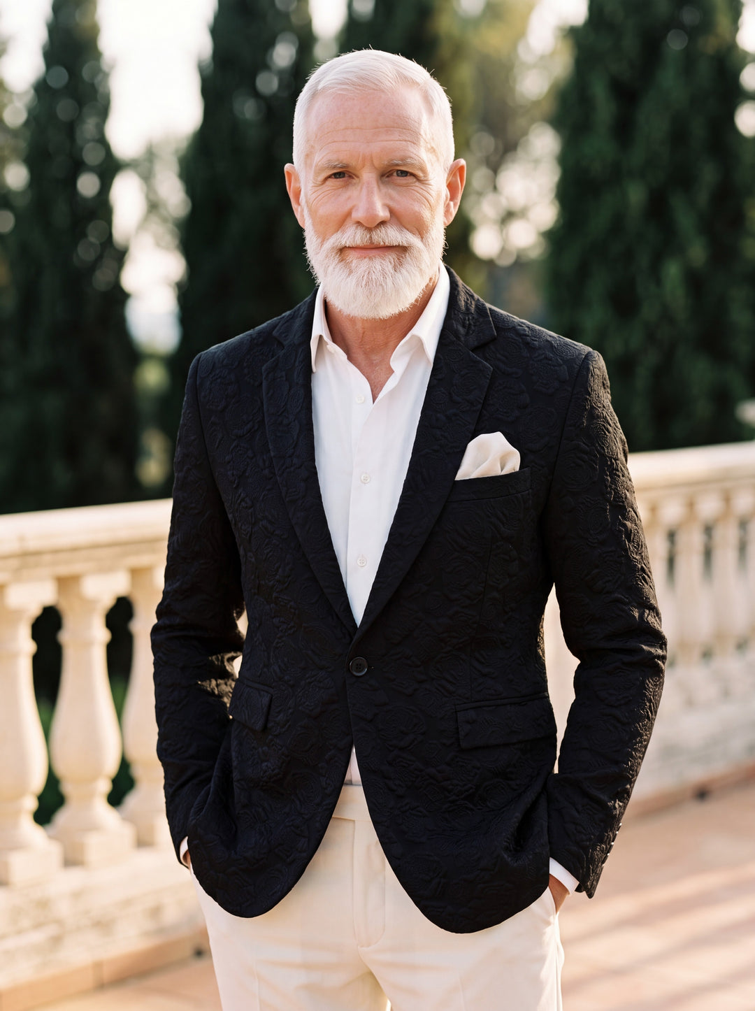 Marshall blazer in Black, worn by a model in a Mediterranean setting - Gentlemens Manor lifestyle