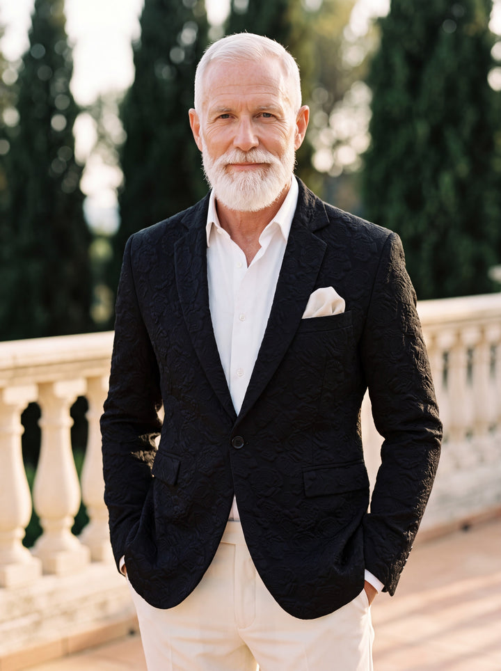 Marshall blazer in Black, worn by a model in a Mediterranean setting - Gentlemens Manor lifestyle