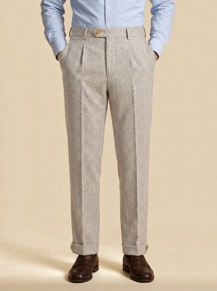 Marston herringbone buttoned cuff trousers in Beige, studio, Gentlemens Manor