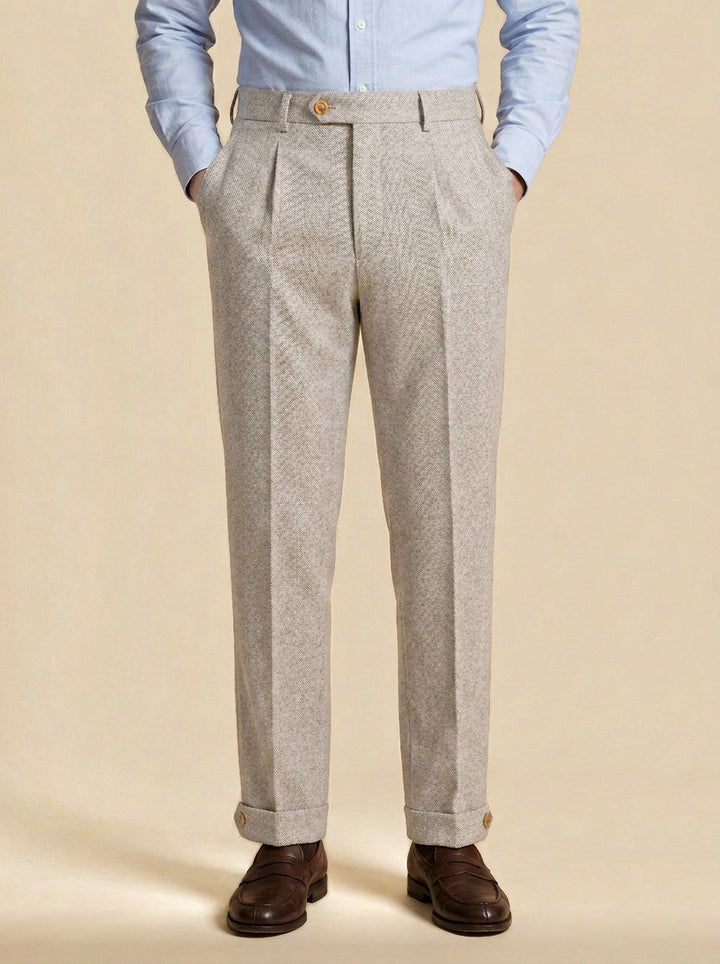 Marston herringbone buttoned cuff trousers in Beige, studio, Gentlemens Manor