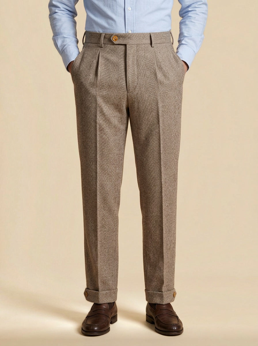 Marston herringbone buttoned cuff trousers in Brown, studio, Gentlemens Manor