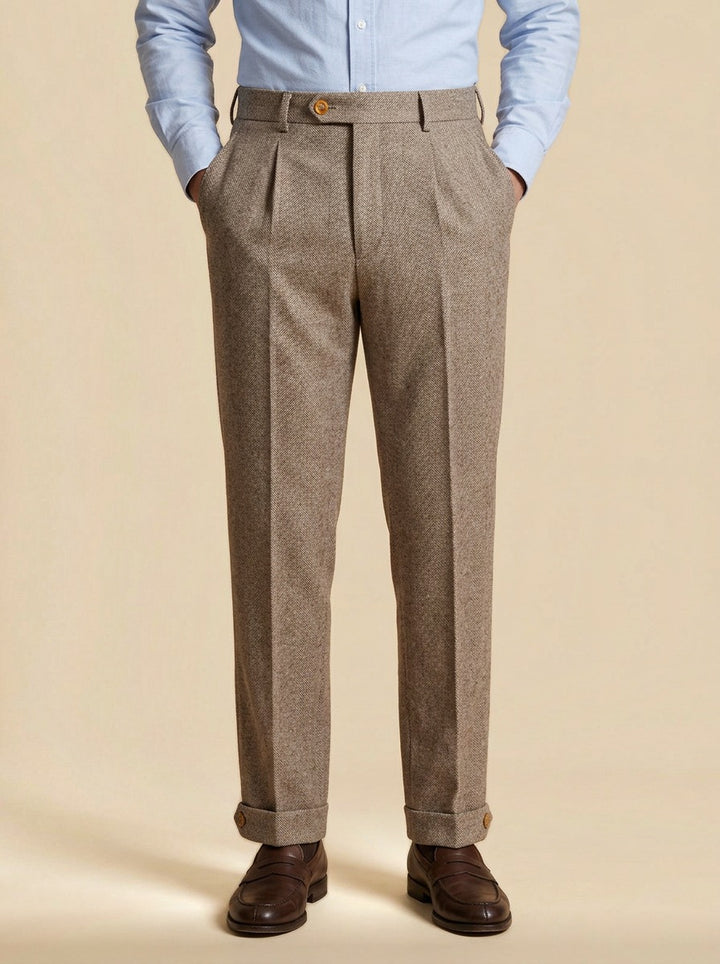 Marston herringbone buttoned cuff trousers in Brown, studio, Gentlemens Manor