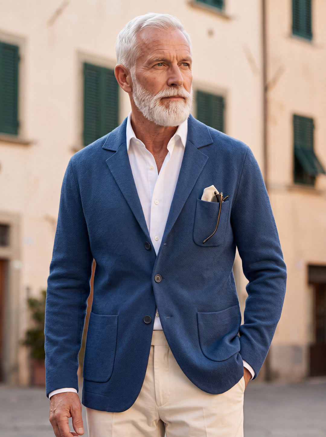 Martin blazer in Blue, worn by a model in a Mediterranean setting - Gentlemens Manor lifestyle