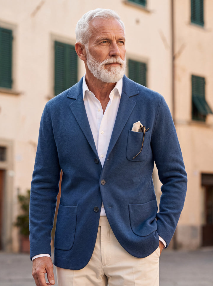 Martin blazer in Blue, worn by a model in a Mediterranean setting - Gentlemens Manor lifestyle