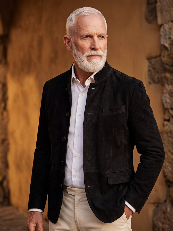 Marvin blazer in Black, worn by a model in a Mediterranean setting - Gentlemens Manor lifestyle
