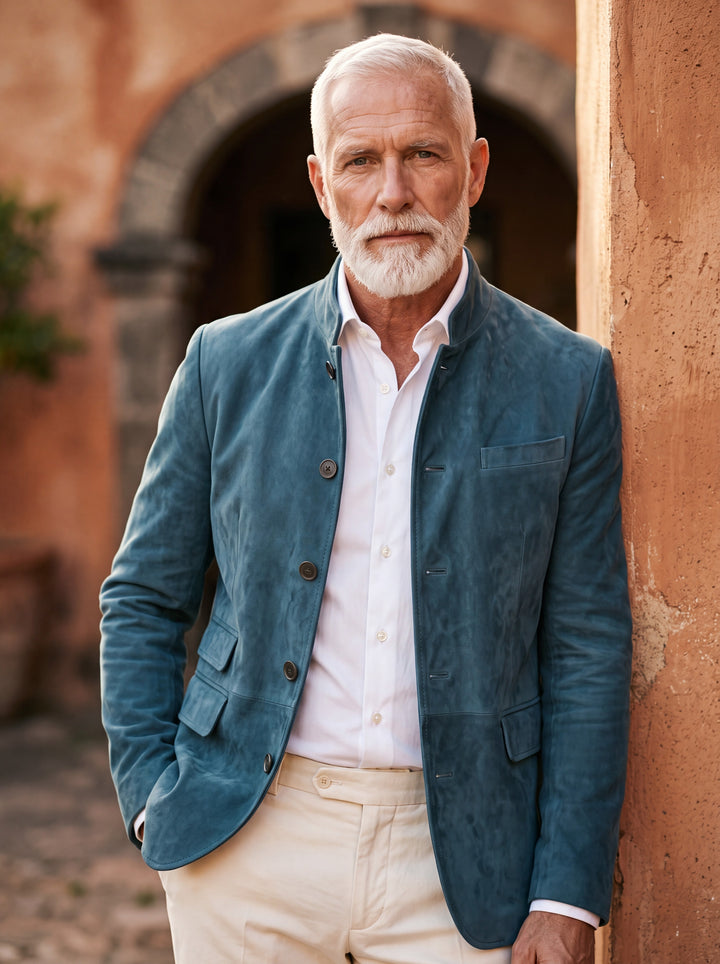 Marvin blazer in Blue, worn by a model in a Mediterranean setting - Gentlemens Manor lifestyle