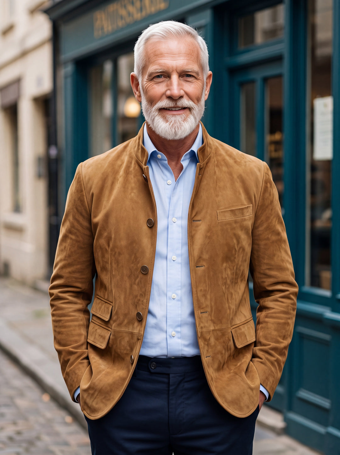 Marvin blazer in Sand, worn by a model in a Mediterranean setting - Gentlemens Manor lifestyle