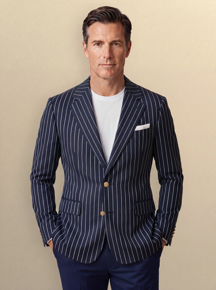 Maurice pinstripe blazer in Navy with notch lapels, worn buttoned by a model on a warm sand studio background, Gentlemens Manor