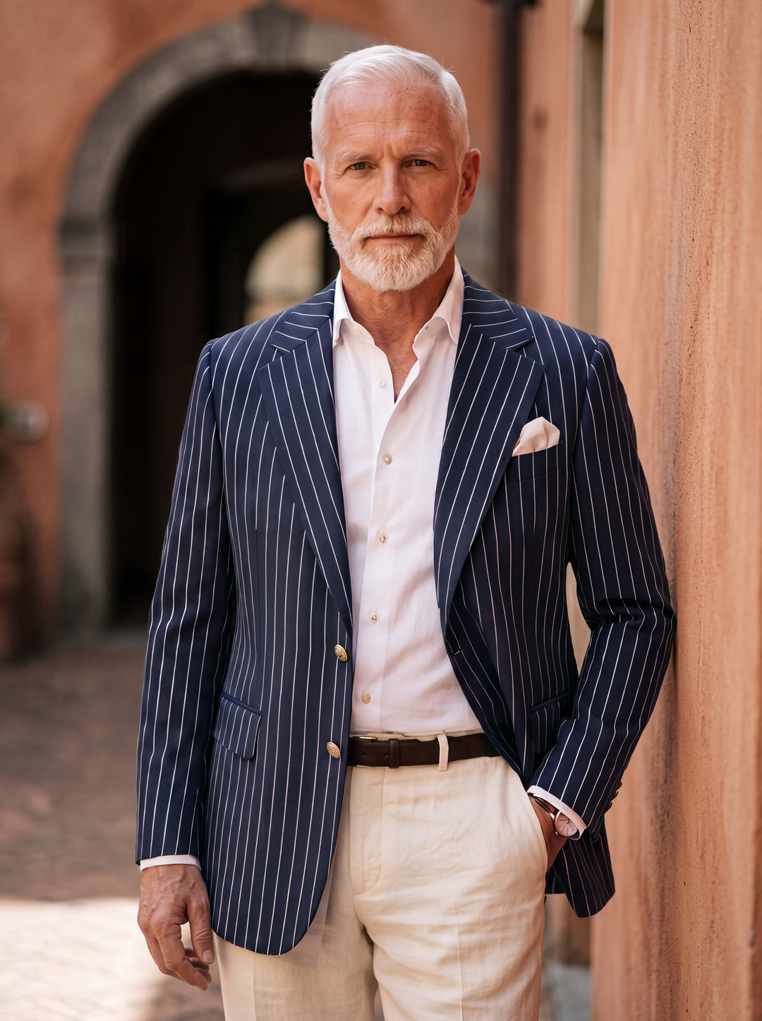 Maurice pinstripe blazer in Navy, worn open by a model in a Mediterranean alley, Gentlemens Manor lifestyle